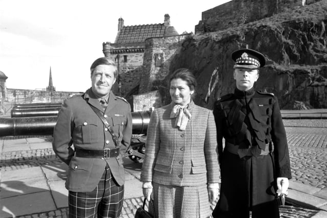 Madame Simone Veil,  first President of the European Parliament, is shown round Edinburgh Castle by Brigadier Robert Riddle and Major Duncan Nicol in April 1981.