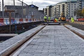 New tram tracks are being laid on the way to Leith
