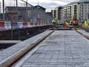 New tram tracks are being laid on the way to Leith