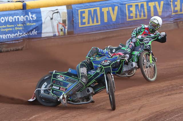 Monarchs' Kye Thomson, making his British speedway debut, took a superb victory in heat five after impressively fending off the challenge of 2019 British champion Charles Wright. Pic: Jack Cupido