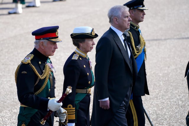 (left to right) King Charles III, the Princess Royal, the Duke of York and the Earl of Wessex walk behind Queen Elizabeth II's coffin during the procession from the Palace of Holyroodhouse to St Giles' Cathedral, Edinburgh. Picture date: Monday September 12, 2022.