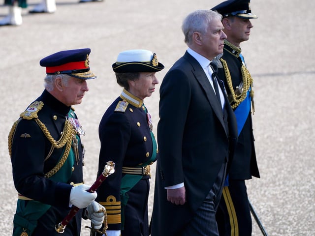 (left to right) King Charles III, the Princess Royal, the Duke of York and the Earl of Wessex walk behind Queen Elizabeth II's coffin during the procession from the Palace of Holyroodhouse to St Giles' Cathedral, Edinburgh. Picture date: Monday September 12, 2022.