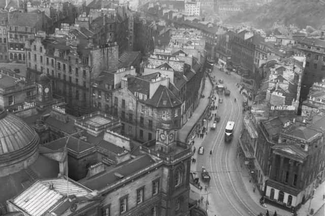 The original tram line that serviced Leith was replaced by a bus and train service in 1956. Here you can see the spot where the new St James Quarter sits.