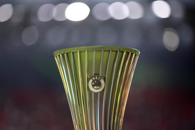 A detailed view of the UEFA Europa Conference League trophy .Picture: Alex Pantling/Getty Images