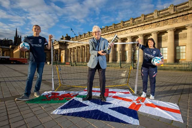 Scotland players Jordan Thomson and Carol Melville who are making their debut for their country at the tournament joined Homeless World Cup founder, Mel Young at the venue
