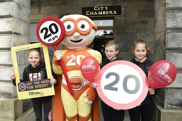 The Reducer was the super-hero mascot of the new 20mph scheme when the lower speed limit was first rolled out to residential streets across Edinburgh.  Picture: Greg Macvean.