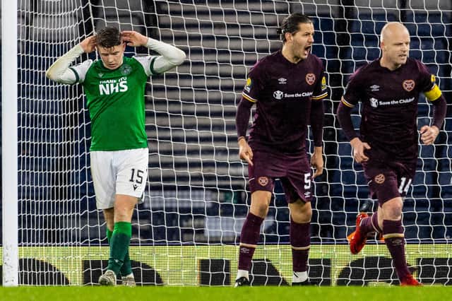Hibs Kevin Nisbet reacts to missing a penalty in extra time during the  Scottish Cup semi-final defeat to Hearts. Photo by Alan Harvey / SNS Group