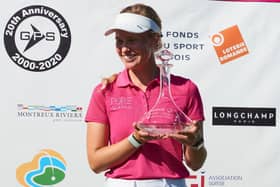 Gabrielle Macdonald shows off the trophy after her win in the Lavaux Ladies Open in Switzerland. Picture: Charlotte Krieger