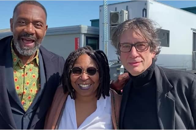 Lenny Henry, left, Whoopi Goldberg, centre, and Neil Gaiman, right, recorded a message for fans from the set of Anansi Boys in Edinburgh.