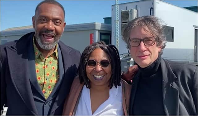 Lenny Henry, left, Whoopi Goldberg,  centre, and Neil Gaiman, right, recorded a message for fans from the set of Anansi Boys in Edinburgh.