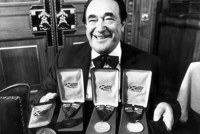 Soon-to-be-disgraced tycoon Robert Maxwell with commemorative medals presented to him as chairman of the Commonwealth Games Company in Edinburgh in 1986.