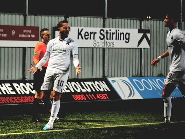 Danny Handling celebrates his opener at the Falkirk Stadium. Picture: Tommy Lee.