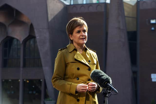 First Minister and leader of the Scottish National Party Nicola Sturgeon speaks to the media after visiting Glasgow Central Mosque during campaigning for the Scottish Parliamentary election picture: PA/Andy Buchanan