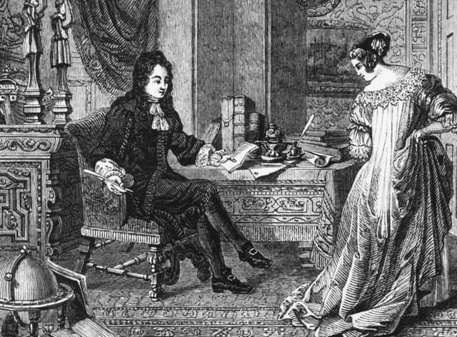 English diarist Samuel Pepys (1633-1703) admires his wife Elizabeth's new dress which he said 'becomes her very well' (Engraving after a painting by Noble/Hulton Archive/Getty Images)