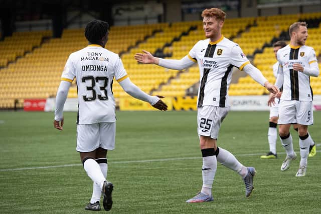 Philip Cancar celebrates his goal with Stephane Omeonga after putting his side 2-0 up  during their Premier Sports Cup victory over Kelty Hearts at the Tony Macaroni Arena. Picture: Paul Devlin / SNS