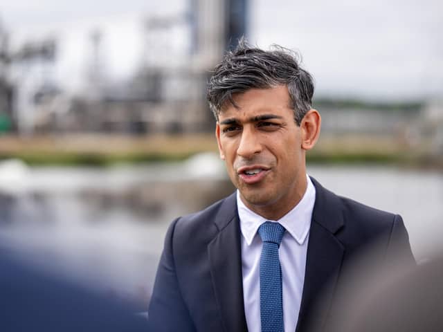 Prime Minister Rishi Sunak speaking to the media during his visit to Shell St Fergus Gas Plant in Peterhead, Aberdeenshire, for the  announcement of further measures to protect the UK's long-term energy security. Picture date: Monday July 31, 2023. PA Photo. The Prime Minister is expected to announce millions of pounds in funding for the Acorn carbon capture project, a joint venture between Shell UK and other companies, and confirm plans to issue new licences for oil and gas exploration in the North Sea. See PA story POLITICS Energy. Photo credit should read: Euan Duff/PA Wire 