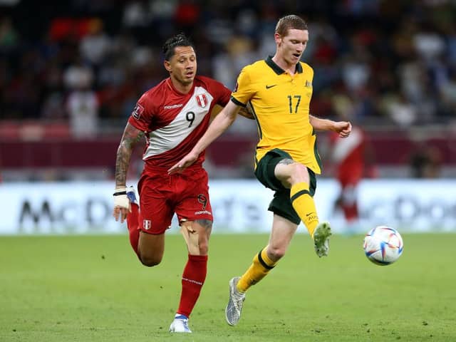 Kye Rowles in action for Australia during their 2022 FIFA World Cup play-off victory over Peru. Picture: Getty