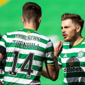 GLASGOW, SCOTLAND - APRIL 10: Celtic's David Turnbull celebrates his goal to make it 2-0 with James Forrest  during the Scottish Premiership match between Celtic and Livingston at Celtic Park, on April 10, 2021, in Glasgow, Scotland. (Photo by Craig Williamson / SNS Group)