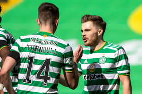 GLASGOW, SCOTLAND - APRIL 10: Celtic's David Turnbull celebrates his goal to make it 2-0 with James Forrest  during the Scottish Premiership match between Celtic and Livingston at Celtic Park, on April 10, 2021, in Glasgow, Scotland. (Photo by Craig Williamson / SNS Group)