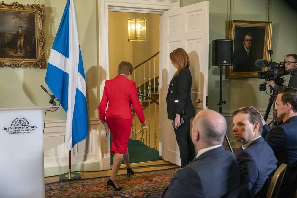 First Minister Nicola Sturgeon leaves the press conference in Bute House on February 15, after announcing that she was standing down.  Picture: Jane Barlow / PA.