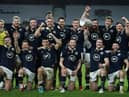 Stuart Hogg, the Scotland captain, holds aloft the Calcutta Cup as his team celebrate their 11-6 victory over at Twickenham. Picture: David Rogers/Getty Images
