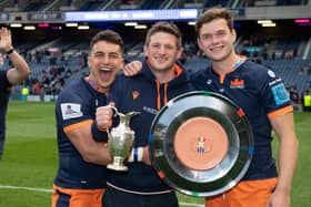 Damien Hoyland, James Johnstone and Chris Dean with the 1872 Cup after Edinburgh’s victory over Glasgow Warriors at BT Murrayfield  Picture: Ross Parker / SNS