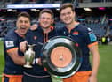 Damien Hoyland, James Johnstone and Chris Dean with the 1872 Cup after Edinburgh’s victory over Glasgow Warriors at BT Murrayfield  Picture: Ross Parker / SNS