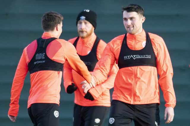 John Souttar is pictured during a Hearts training session at Oriam today ahead of tomorrow's match against St Johnstone