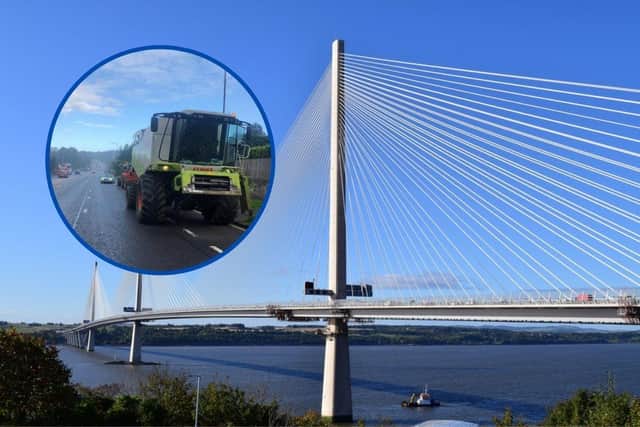 In astonishing scenes, the combine harvester and accompanying tractor and trailer were spotted driving over the Queensferry Crossing at 15mph.