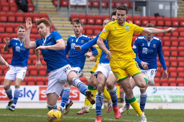 Hibs' Paul McGinn and St Johnstone's Liam Craig in action during Saturday's league match at McDiarmid Park. Photo by Alan Harvey / SNS Group