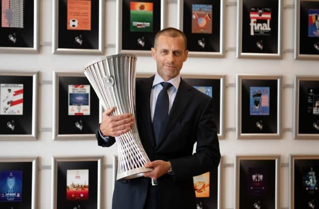 NYON, SWITZERLAND - MAY 10: UEFA President Aleksander Čeferin unveils the UEFA Europa Conference League trophy at the UEFA headquarters, The House of European Football on May 10, 2021, in Nyon, Switzerland. (Photo by Richard Juilliart - UEFA/UEFA via Getty Images)