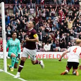 Lawrence Shankland celebrates after putting Hearts 2-1 up against Aberdeen at Tynecastle. Picture: SNS