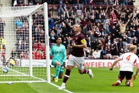 Lawrence Shankland celebrates after putting Hearts 2-1 up against Aberdeen at Tynecastle. Picture: SNS