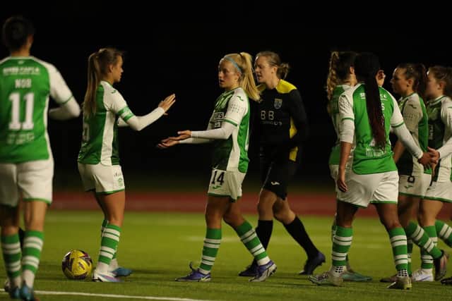 Katie Lockwood receives the congratulations of her team-mates after scoring for Hibs in the Scottish Cup win over East Fife. Picture: Hibernian Football Club