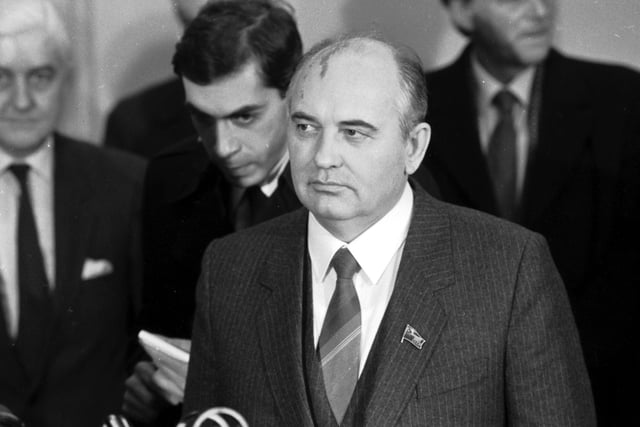 Mikhail Gorbachev arrives at Edinburgh Airport during his visit to Scotland in his role of Chairman for the Foreign Affairs Committee of the Soviet Union in December 1984.