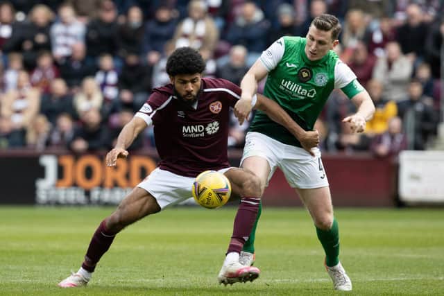 Hearts striker Ellis Simms gave Hibs skipper Paul Hanlon a difficult afternoon at Tynecastle with his strength and hold-up play