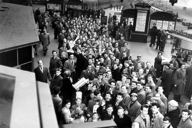 Hibs fans queue at Edinburgh's Princes Street station for the special train to Glasgow in March 1959. It was to end in disappointment though as the Scottish Cup tie ended in a 2-1 win for Third Lanark.