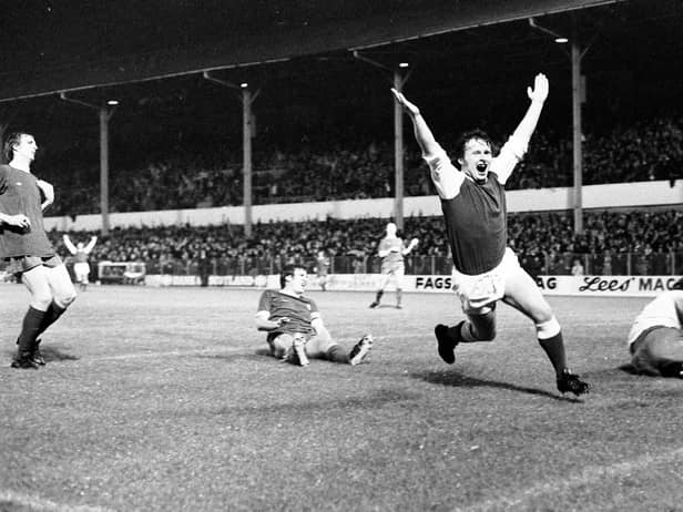 Joe Harper wheels away after beating Ray Clemence with what turned out to be the winner against Liverpool in September 1975
