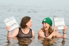 Anna Deacon and Vicky Allan launch their new book about wild swimming, The Ripple Effect, by having a swim in the sea in Portobello with over 100 wild swimmers.  Picture: Greg Macvean.