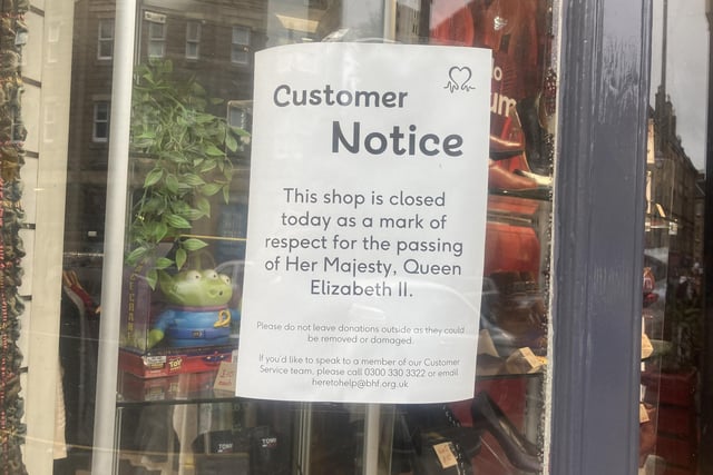 Several shops have closed this morning as a mark of respect to the Queen, including this British Heart Foundation charity shop on Nicholson Street.