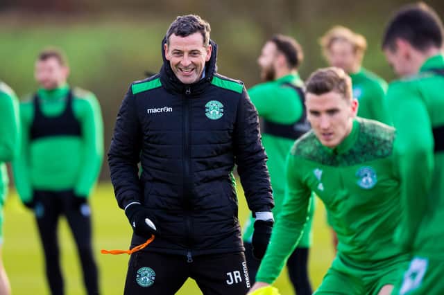 Hibs manager Jack Ross leads training ahead of the match against St Johnstone. (Photo by Ross Parker / SNS Group)