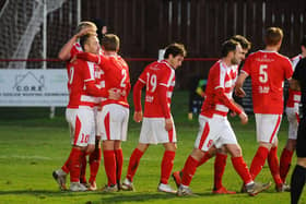 Bonnyrigg Rose's Lee Currie is congratulated by his team-mates at New Dundas Park. Pic: Michael Gillen