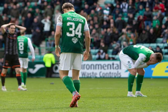 A disconsolate Elias Melkersen after missing a late chance during Hibs' 1-1 with Dundee United at Easter Road. Picture: SNS