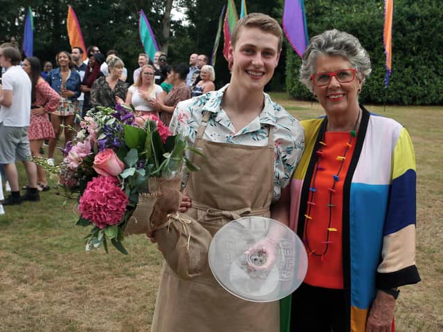 Great British Bake Off winner Peter with judge, Prue Leith.