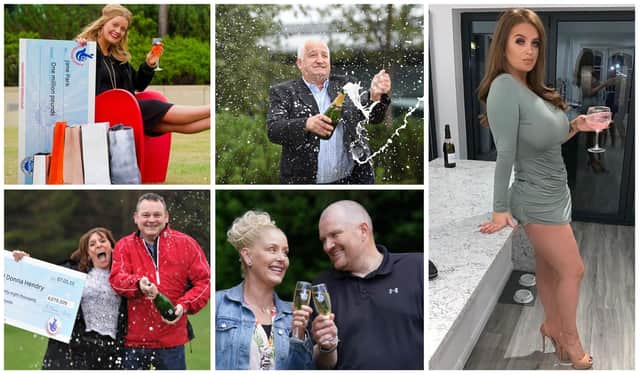 Clockwise from top left, Jane Park with her millon pound check; Willie Sibbald cracks open the bubbly, Jane Park as she looks today after cosmetic surgery, the Hendrys with the winning cheque, and Paul and Louise Drake.