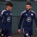 Craig Halkett, right, with former Hearts team-mate Aaron Hickey during Scotland training. Picture: SNS