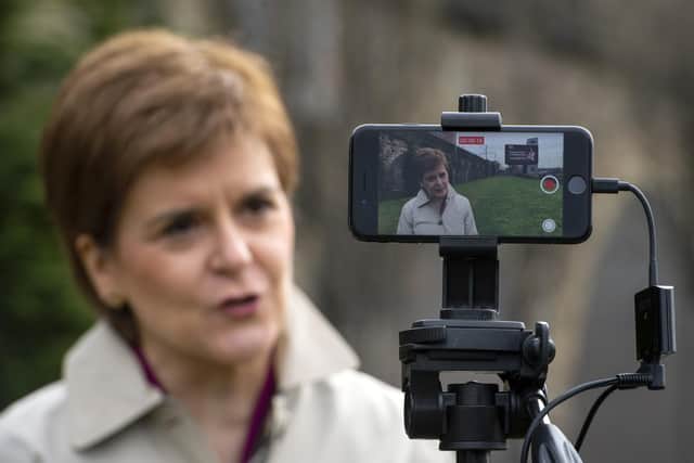 Scotland's First Minister and SNP leader Nicola Sturgeon speaks to camera. Picture: Andy Buchanan - Pool/Getty Images