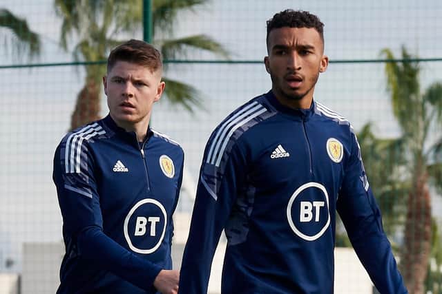 Kevin Nisbet and Jacob Brown during Scotland's training session at La Finca Resort in Spain. Picture: Jose Breton / SNS