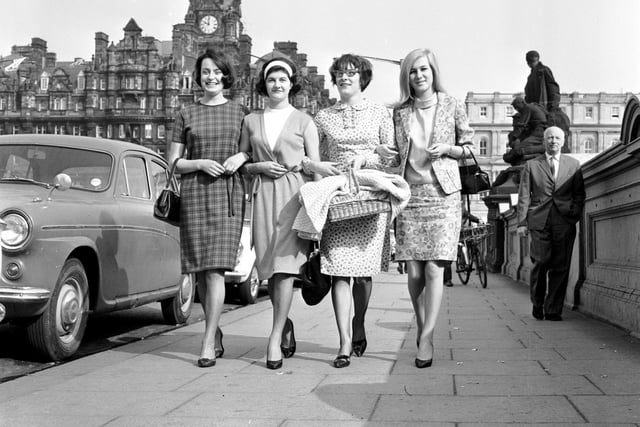 Four women with summer dresses on make their way to work on North Bridge, Edinburgh, 1960s.