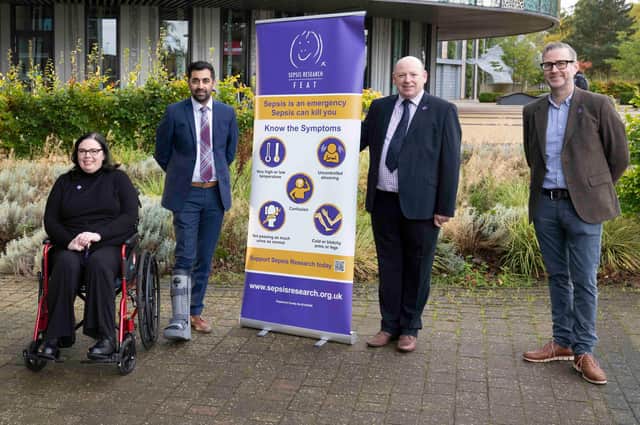 (Left - right) Sepsis Research FEAT supporter and sepsis survivor Kimberley Bradley, Health Secretary Humza Yousaf, Sepsis Research FEAT COO Colin Graham, and Sepsis Research FEAT trustee Dr Robert Gray outside The Roslin Institute.
